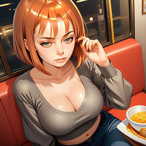 Anime Style Young Woman with Red Hair on Train Eating Noodles