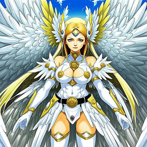 Anime Angelic Woman with White and Gold Armor Wings
