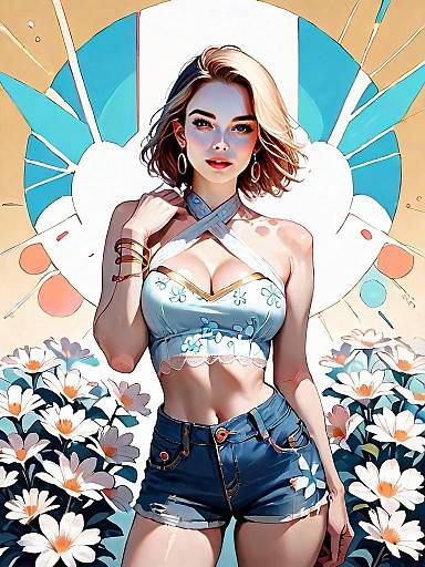 Realistic Digital Art of Woman in Summer Outfit with Flowers Full Body Illustration