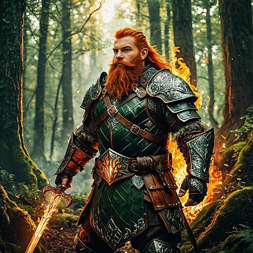 Red-Haired Fantasy Warrior in Ornate Armor Holding Flaming Sword in Forest