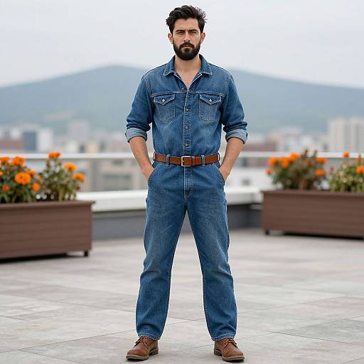 Man in Classic Denim Outfit Standing on Rooftop with City and Mountain View