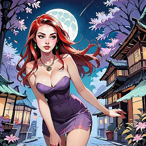 Anime Style Red-Haired Woman in Purple Dress on Japanese Street at Night