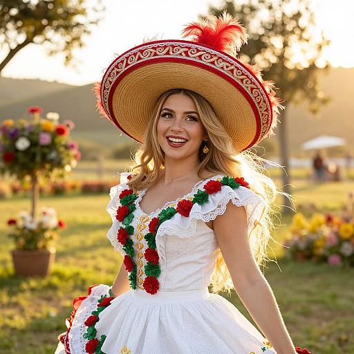 Young Woman in Traditional Mexican Folkloric Dress with Sombrero Outdoors