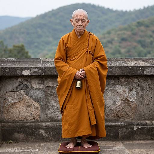 Elderly Buddhist Monk Meditating Outdoors in Saffron Robes