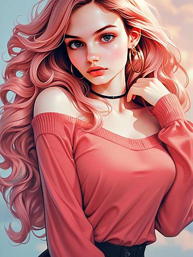 Anime Style Portrait of Young Woman with Pink Hair in Coral Top