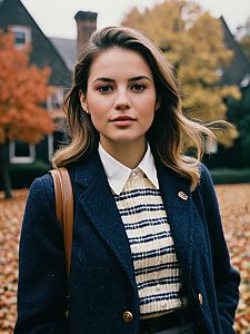 Woman in Preppy Fall Outfit Cinematic Realism Stylish Editorial Portrait
