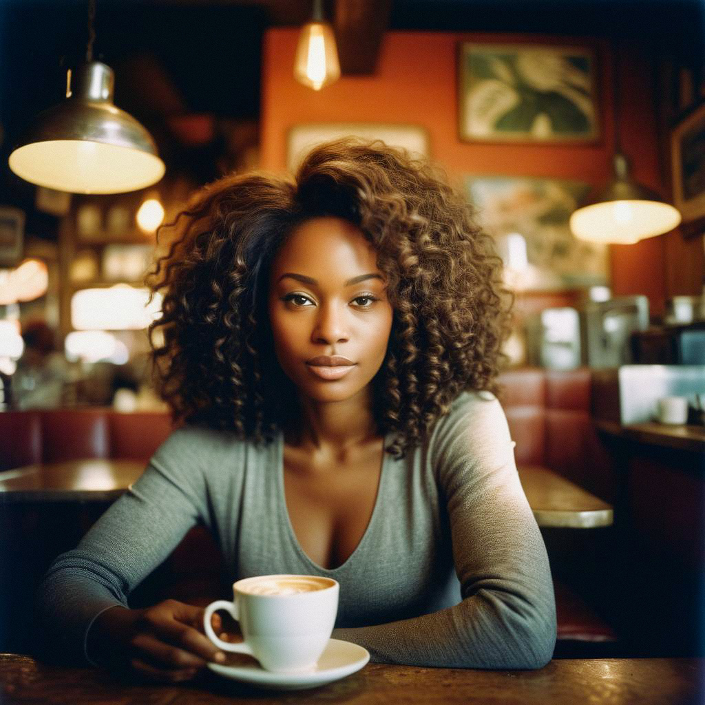 Woman with Curly Hair Enjoying Coffee in Cozy Café