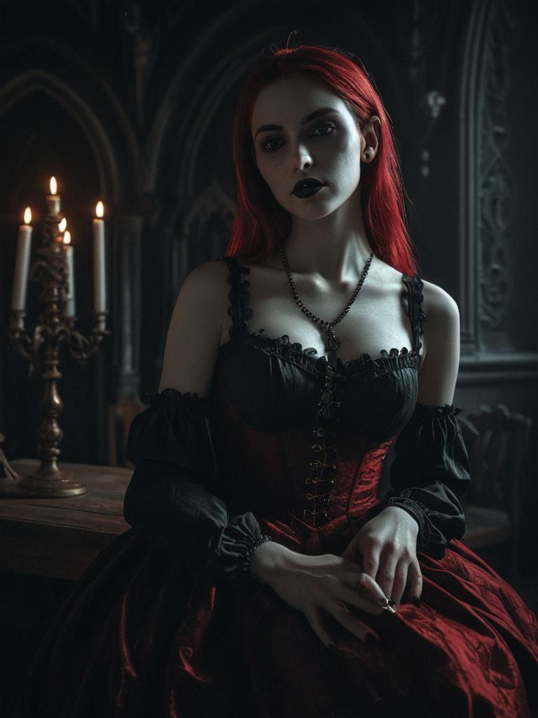 Gothic Woman in Dark Corset and Red Skirt Sitting by Candlelight