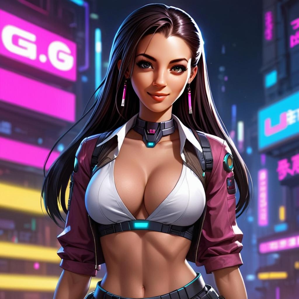 Confident Woman in Cyberpunk Cityscape