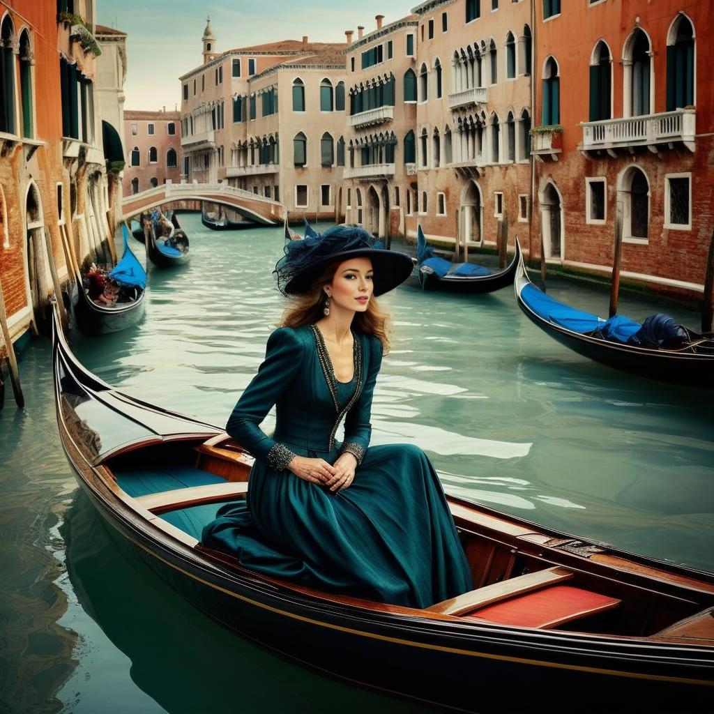 Elegant Woman in Vintage Teal Gown on Venetian Canal