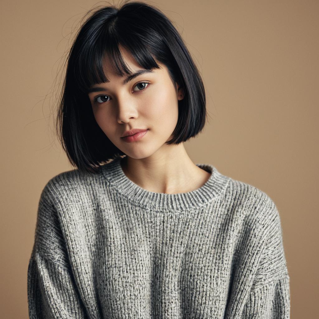 Young Woman with Black Bob Haircut in Grey Sweater