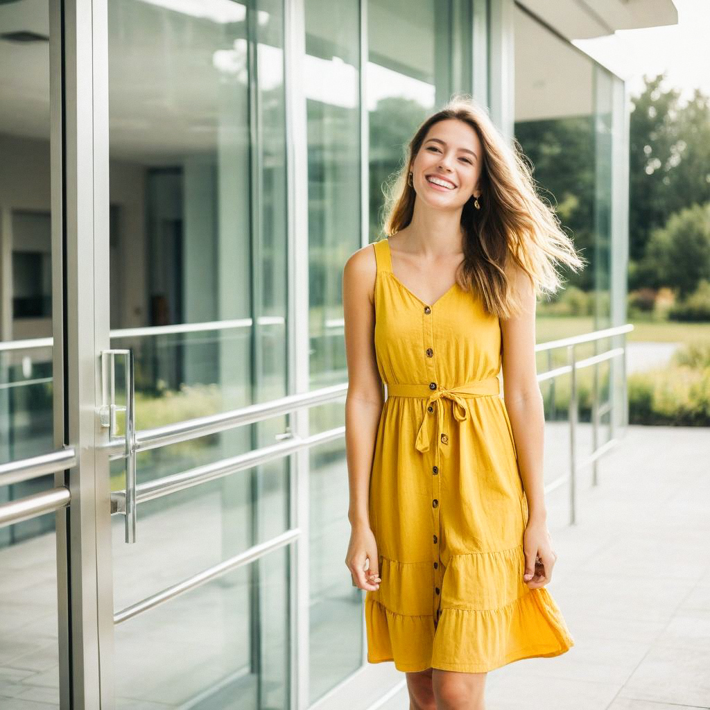 Young Woman in Yellow Sundress by Modern Building Young Woman in Yellow Sundress by Modern Building