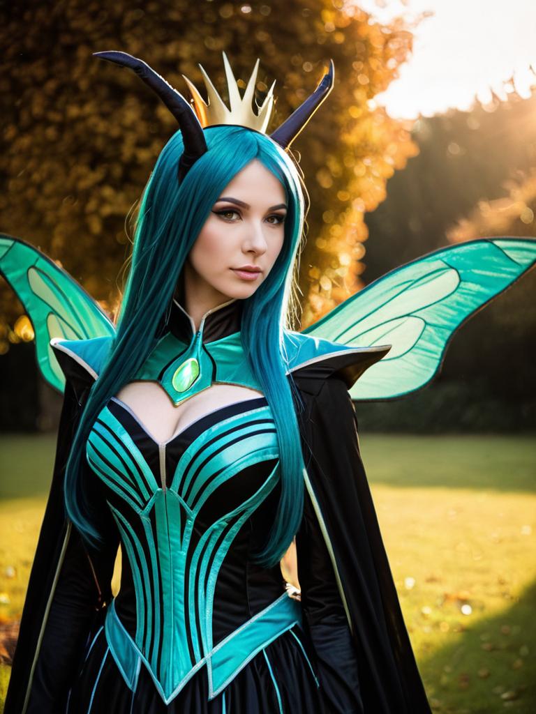 Woman in Realistic Queen Chrysalis Cosplay Costume with Wings and Crown