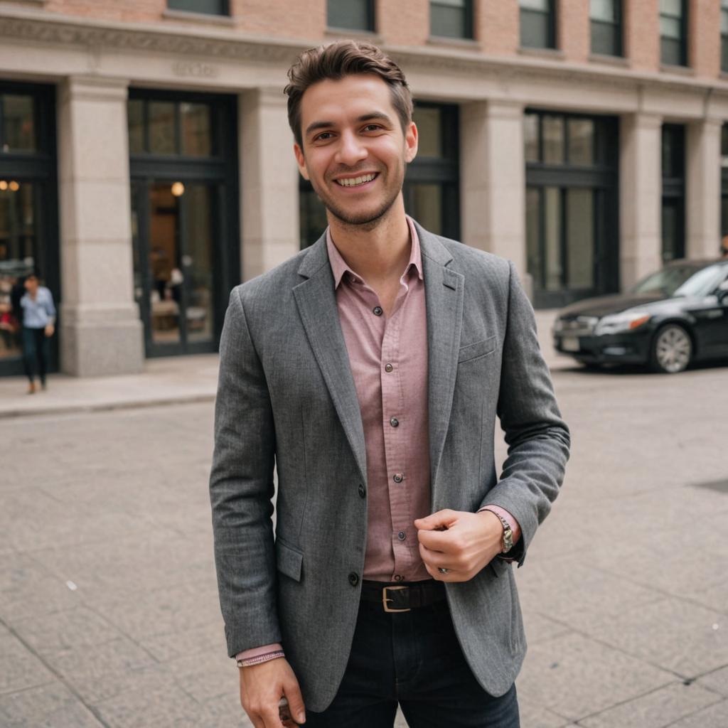 Confident man in gray blazer outdoors