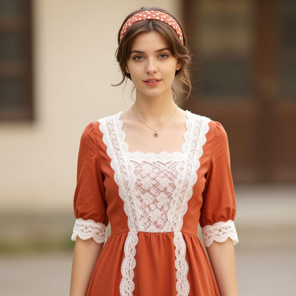 Young Woman in Vintage Lace Dress with Polka Dot Headband