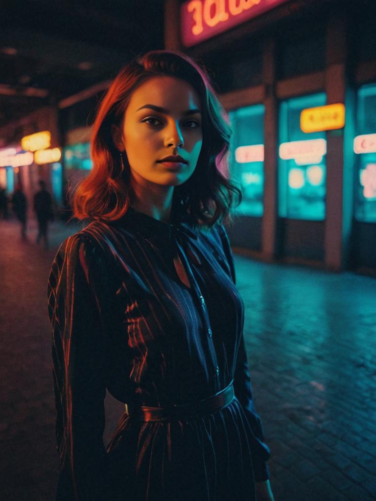 Woman in Oversaturated Dress Against Neon Urban Backdrop