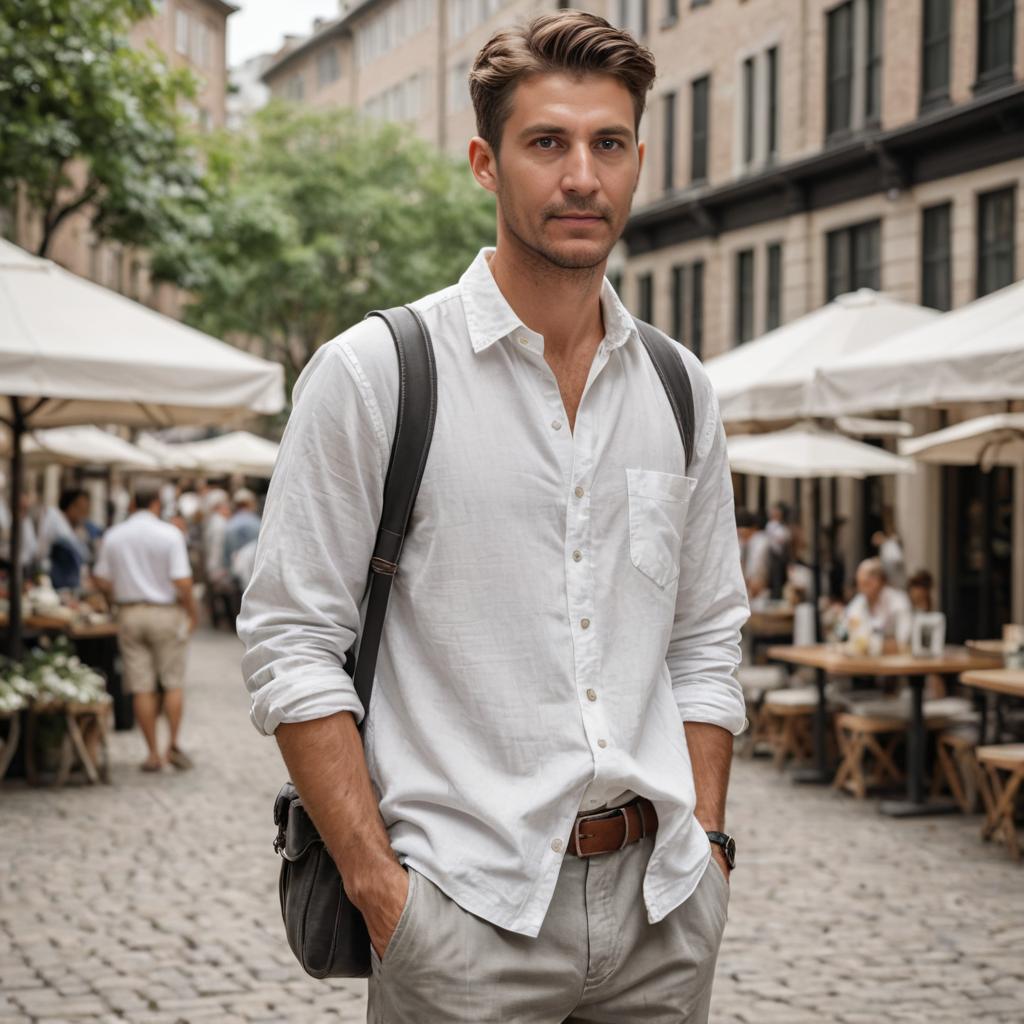 Casual Man in Cobblestone Street with Cafes