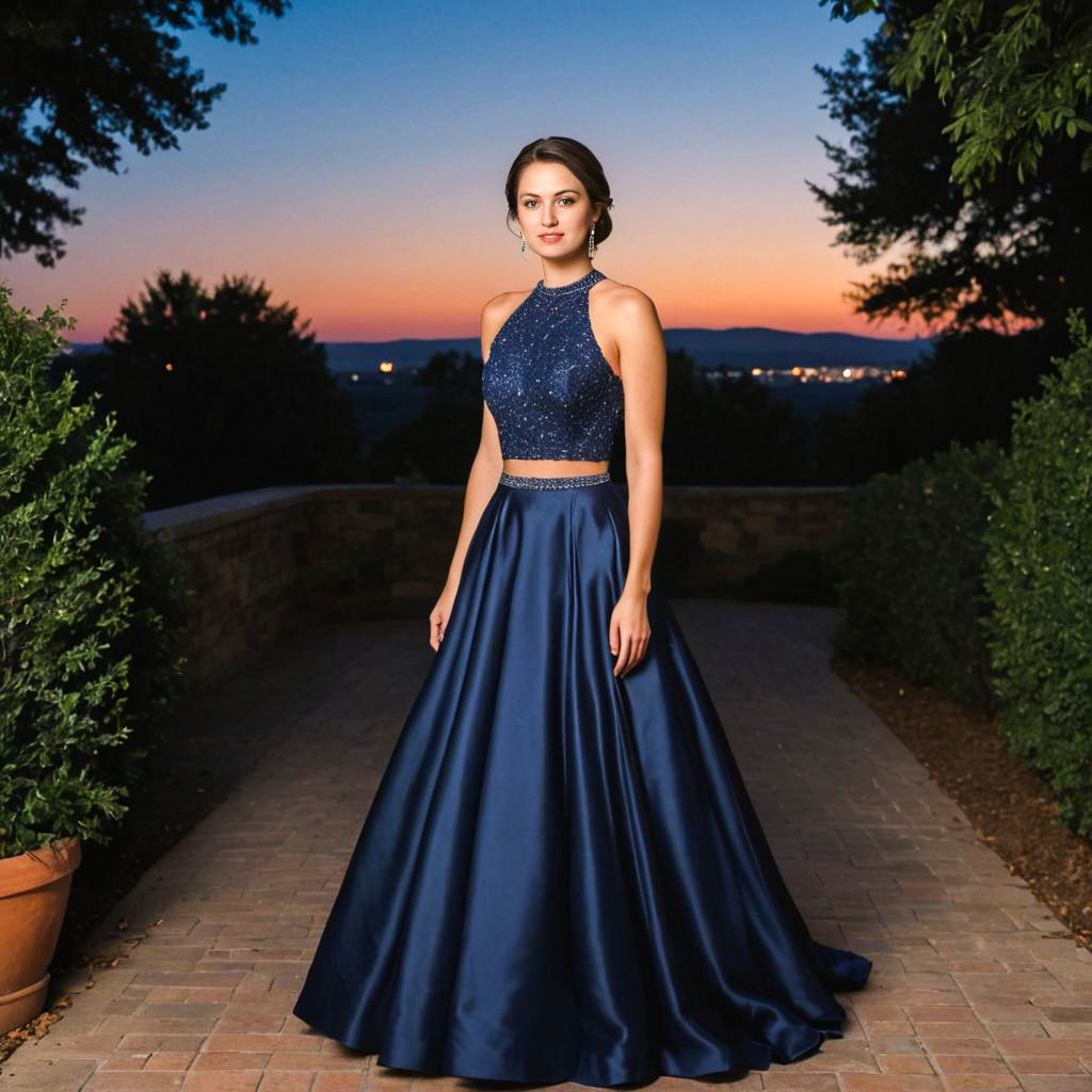 Elegant Woman in Navy Blue Gown at Sunset