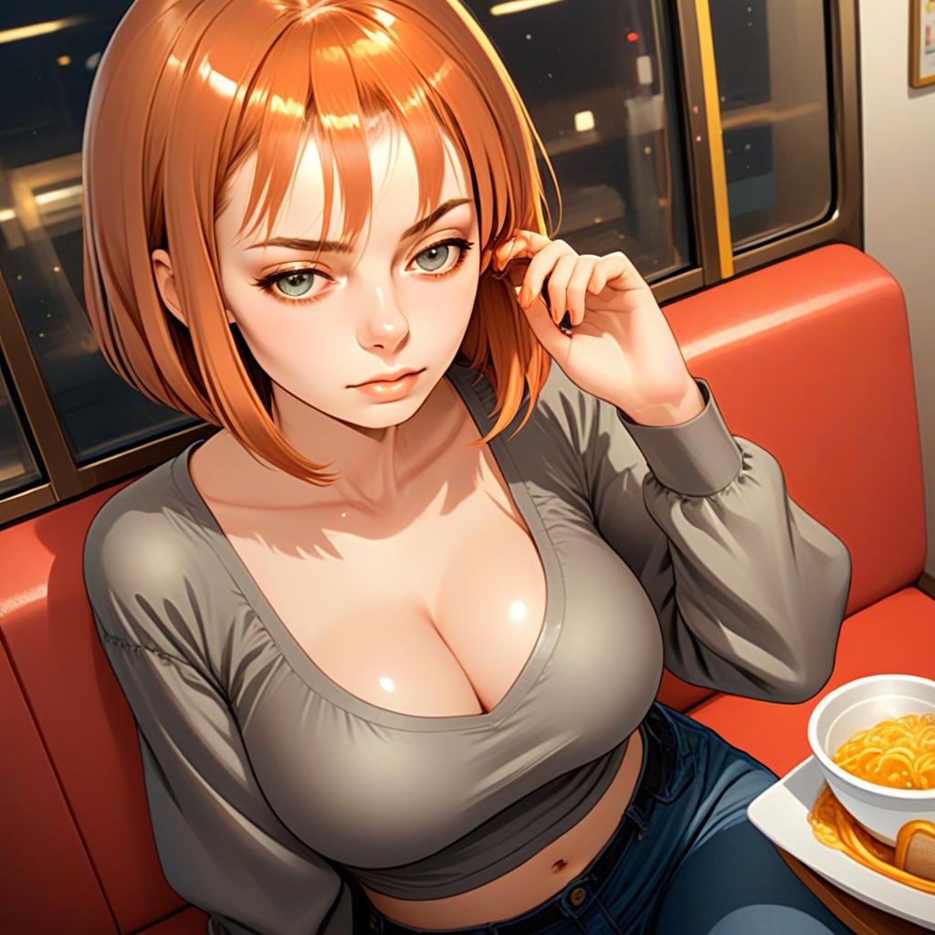 Anime Style Young Woman with Red Hair on Train Eating Noodles