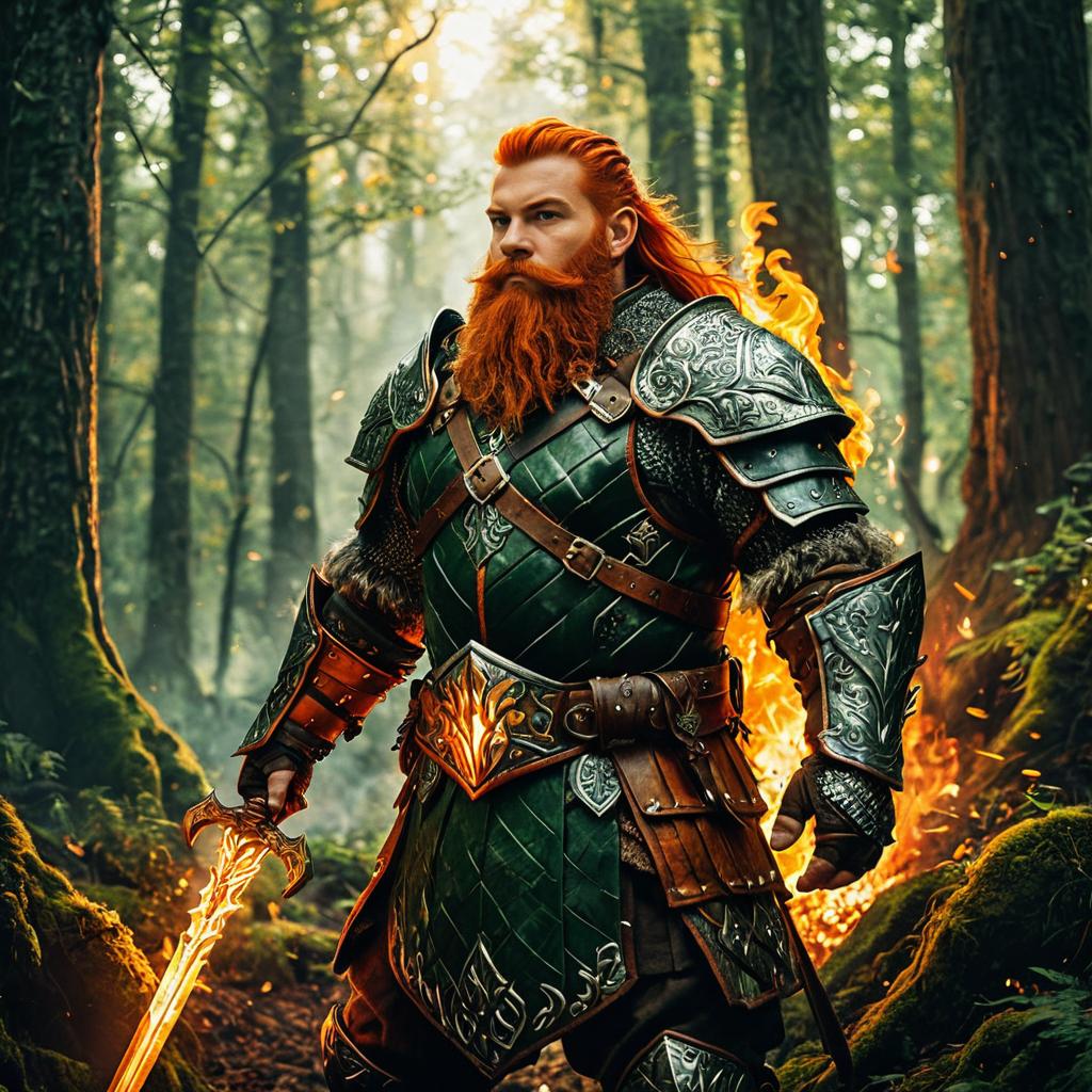 Red-Haired Fantasy Warrior in Ornate Armor Holding Flaming Sword in Forest