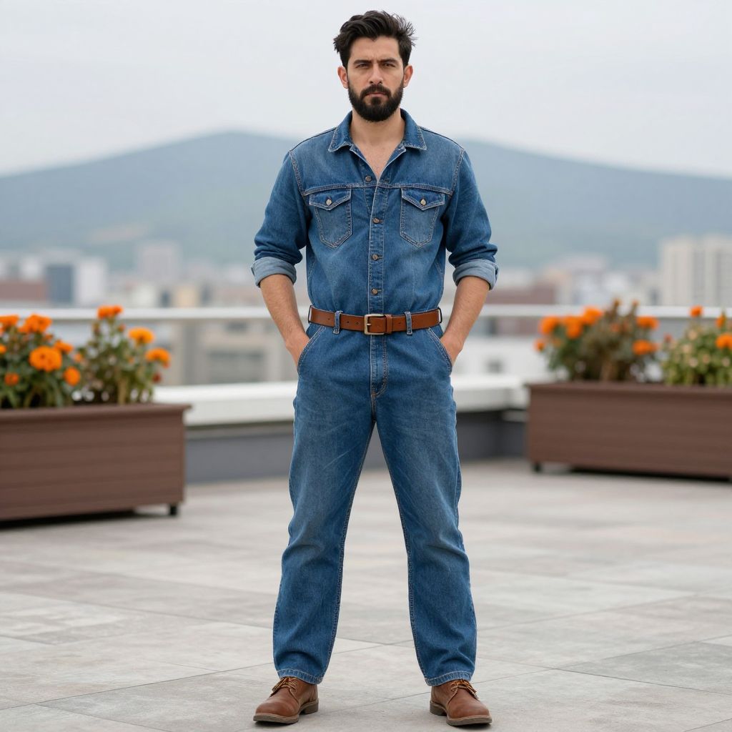 Man in Classic Denim Outfit Standing on Rooftop with City and Mountain View