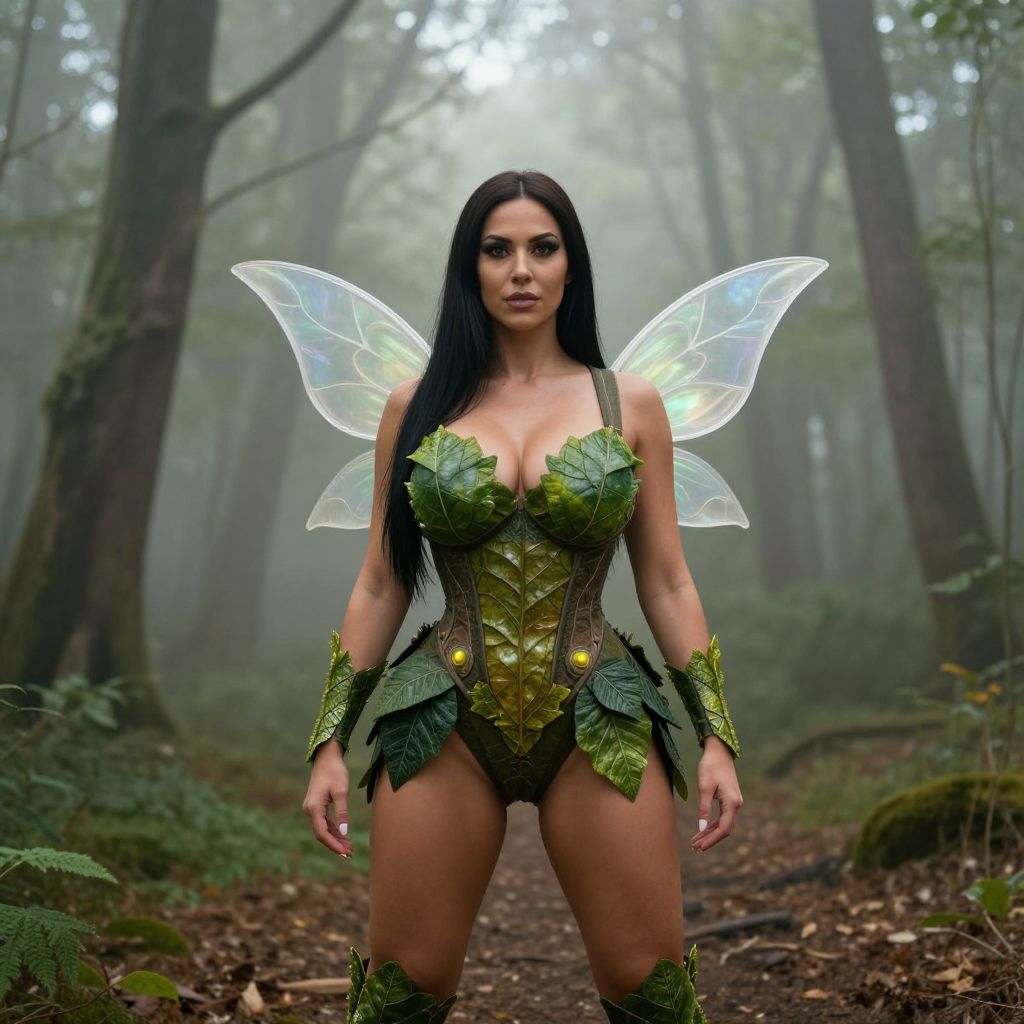 Woman in Leaf Fairy Costume with Iridescent Wings in Forest