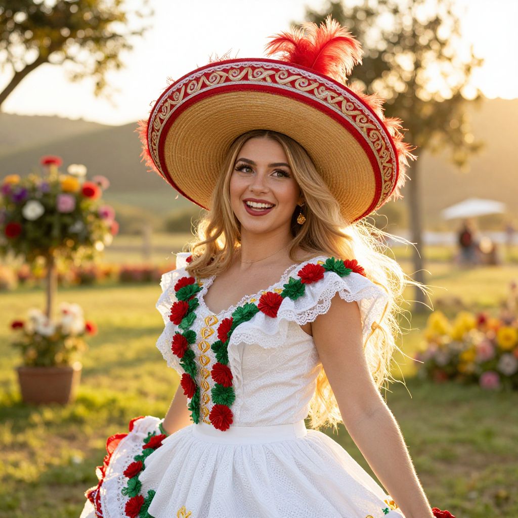 Young Woman in Traditional Mexican Folkloric Dress with Sombrero Outdoors