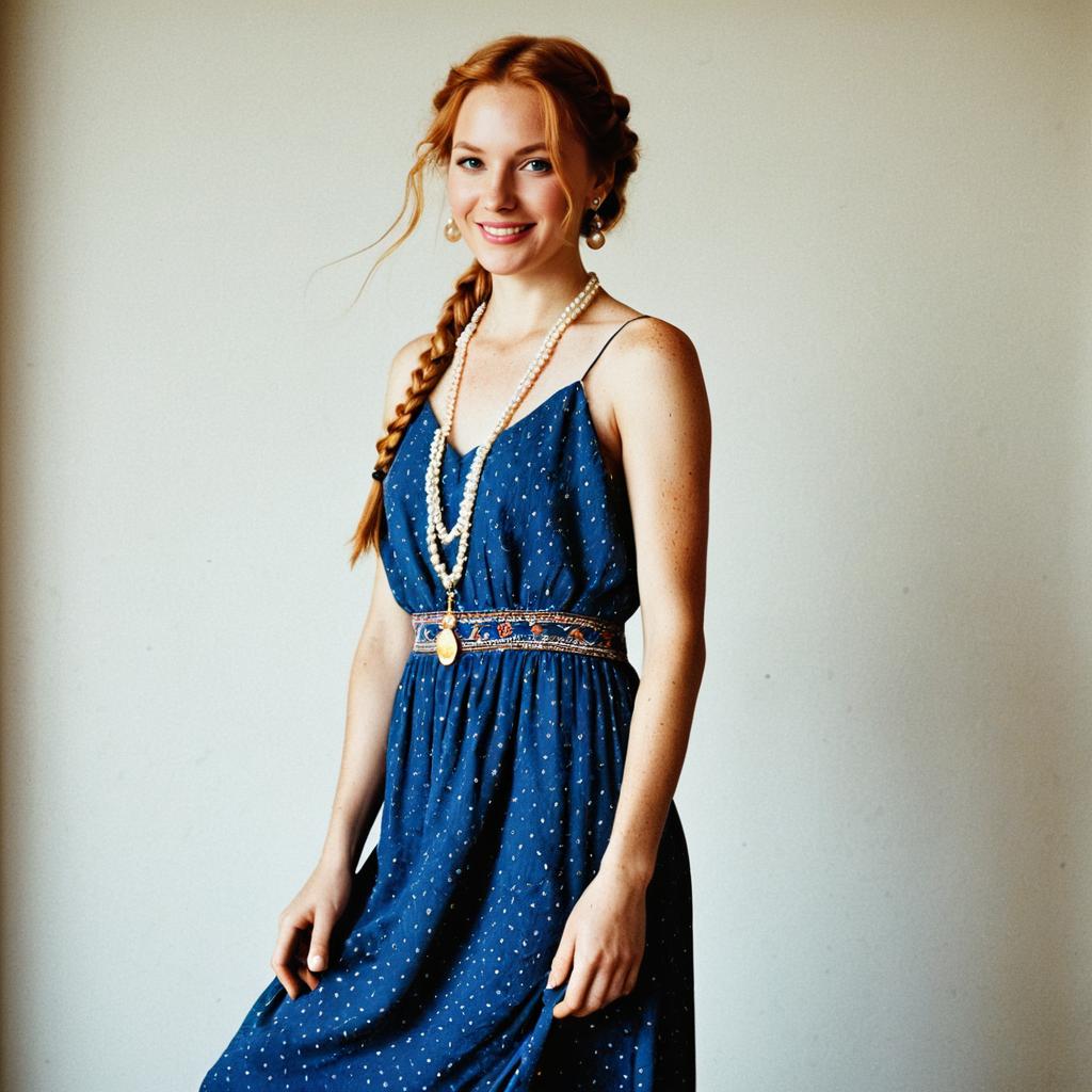 Portrait of Woman in Blue Dress with Pearl Jewelry