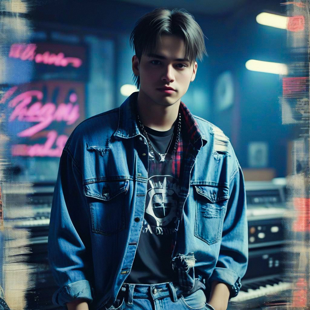 Confident Young Man in Edgy Room with Instruments Confident Young Man in Edgy Room with Instruments