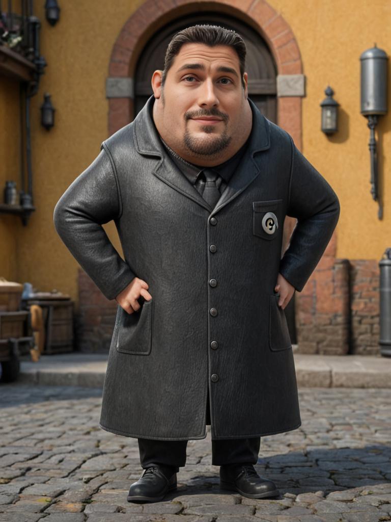 Gru-Inspired Character in Quaint Alley