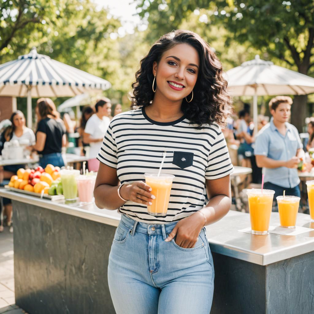 Cheerful Woman with Orange Drink in Summer Setting