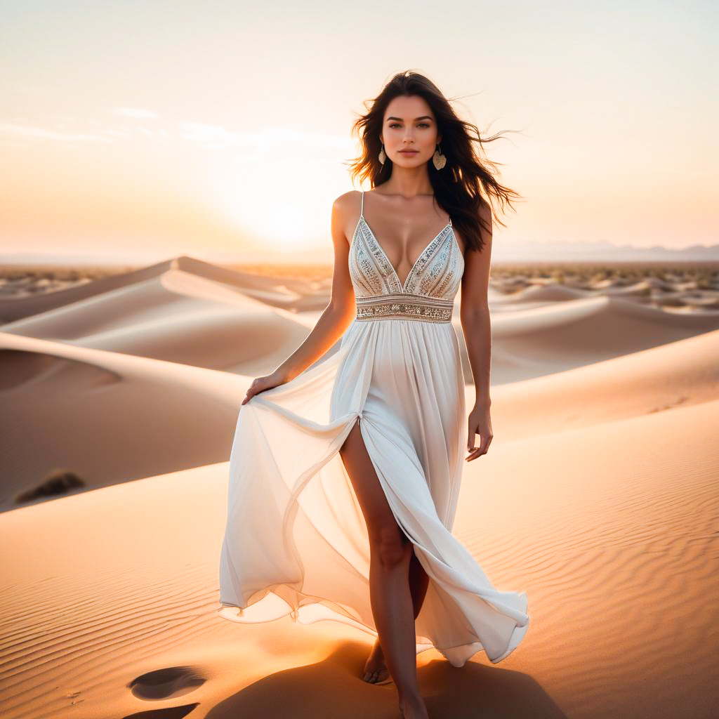 Woman in White Dress Walking in Desert at Sunset