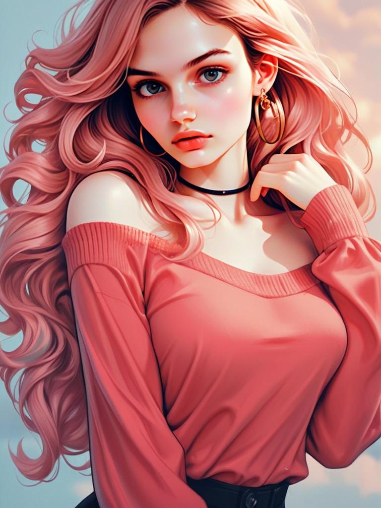 Anime Style Portrait of Young Woman with Pink Hair in Coral Top