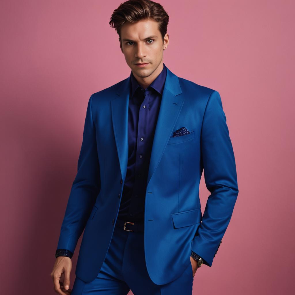 Confident Man in Blue Suit Against Pink Background