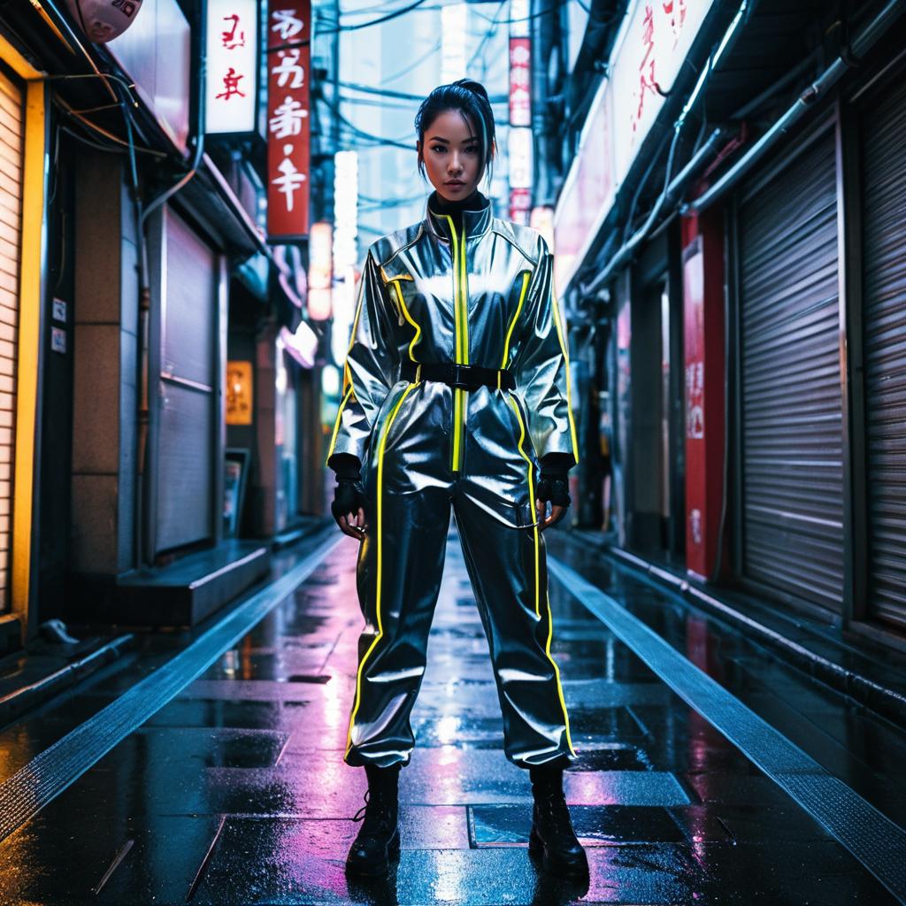 Cyberpunk Woman in Futuristic Silver Jumpsuit in Neon-Lit Urban Alley