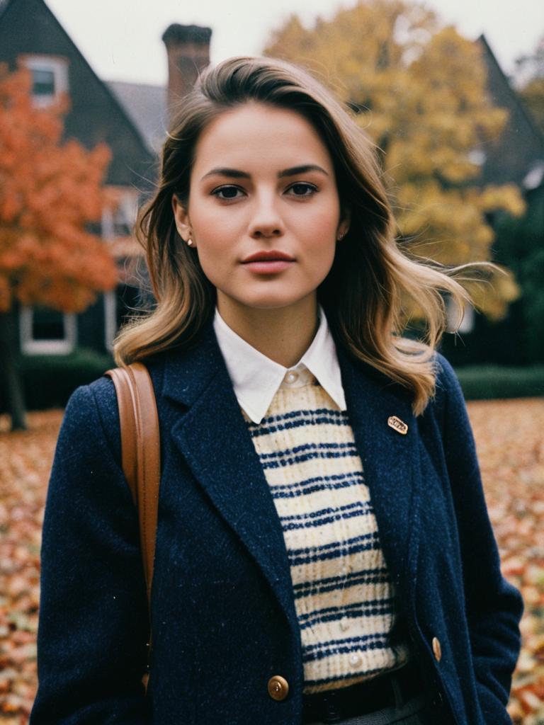 Woman in Preppy Fall Outfit Cinematic Realism Stylish Editorial Portrait Woman in Preppy Fall Outfit Cinematic Realism Stylish Editorial Portrait