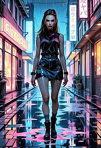 Confident Woman in Cyberpunk Urban Night