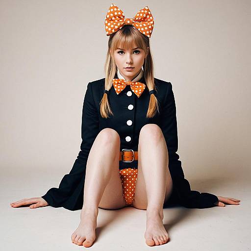 Young Woman in Black Coat with Orange Polka-Dot Bow and Hair Bow Sitting Barefoot