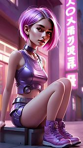 Young Woman with Pink Hair in Futuristic Urban Setting