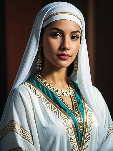 Photorealistic Portrait of Woman in Traditional Arabian Dress with Gold Embroidery