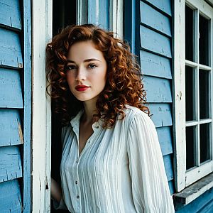 Young Woman with Curly Red Hair in Blue Building