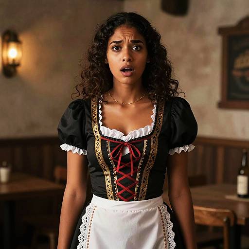 Surprised Woman in Traditional German Dirndl Outfit in Rustic Setting