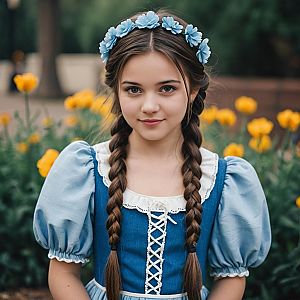 Young Woman in Blue Disney Costume with Braided Hair and Flower Headband