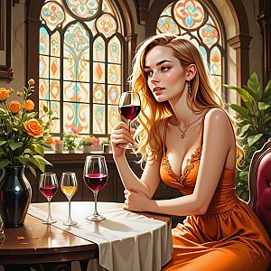 Young Woman in Elegant Orange Dress Tasting Wine