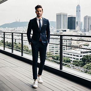 Stylish man on rooftop terrace in navy suit