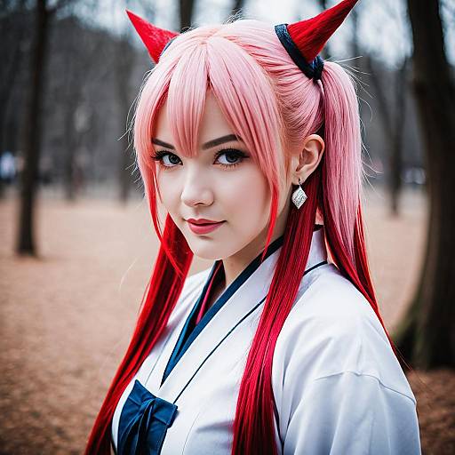 Akagi Towa Cosplay Portrait with Pink and Red Hair in Forest Setting