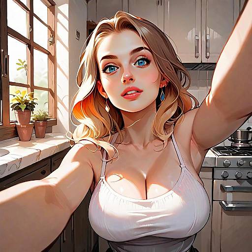 Young Woman Taking Selfie in Sunlit Kitchen Digital Artwork