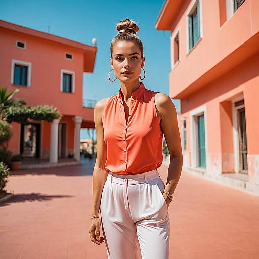 Elegant Woman in Coral Blouse and White Trousers Outdoors