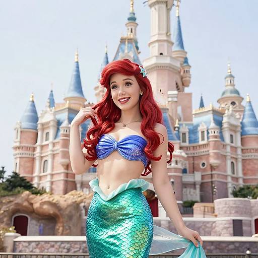 Woman in Ariel Mermaid Costume Posing in Front of Castle