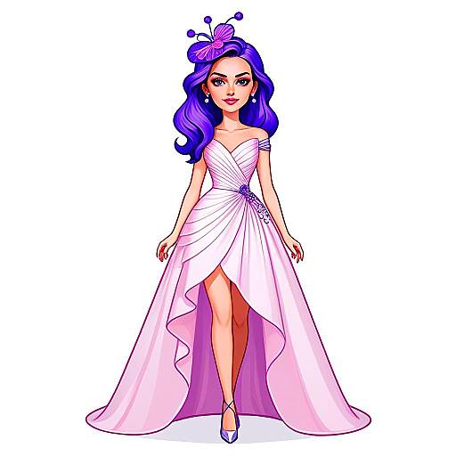 Woman in Modern Asymmetrical Pink Ball Gown with Purple Hair Illustration
